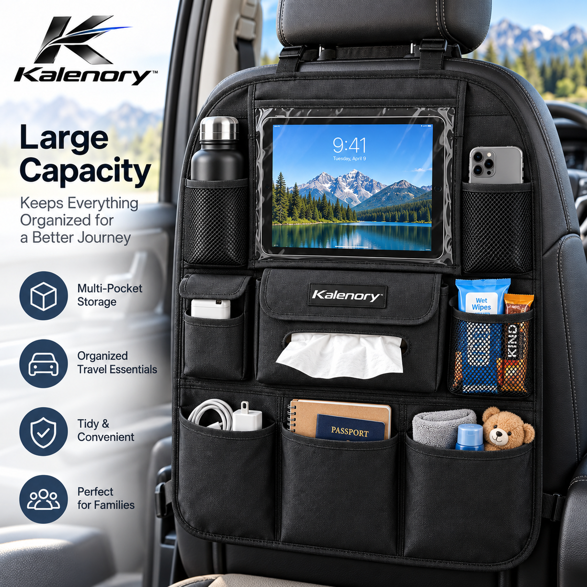 Kalenory™ Multi-Pocket Car Seat Back Organizer – Hanging Vehicle Storage Bag for Road Trips, Family Travel & Everyday Driving