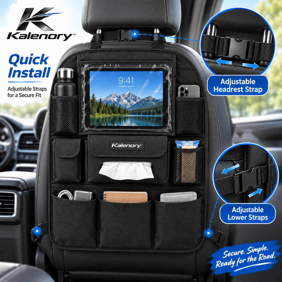 Kalenory™ Multi-Pocket Car Seat Back Organizer – Hanging Vehicle Storage Bag for Road Trips, Family Travel & Everyday Driving
