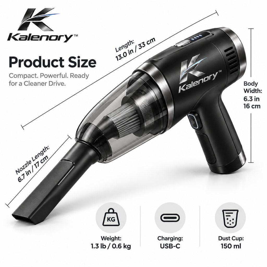 Kalenory™ Cordless Handheld Car Vacuum – Compact Rechargeable Auto Cleaner with Multi-Surface Attachments