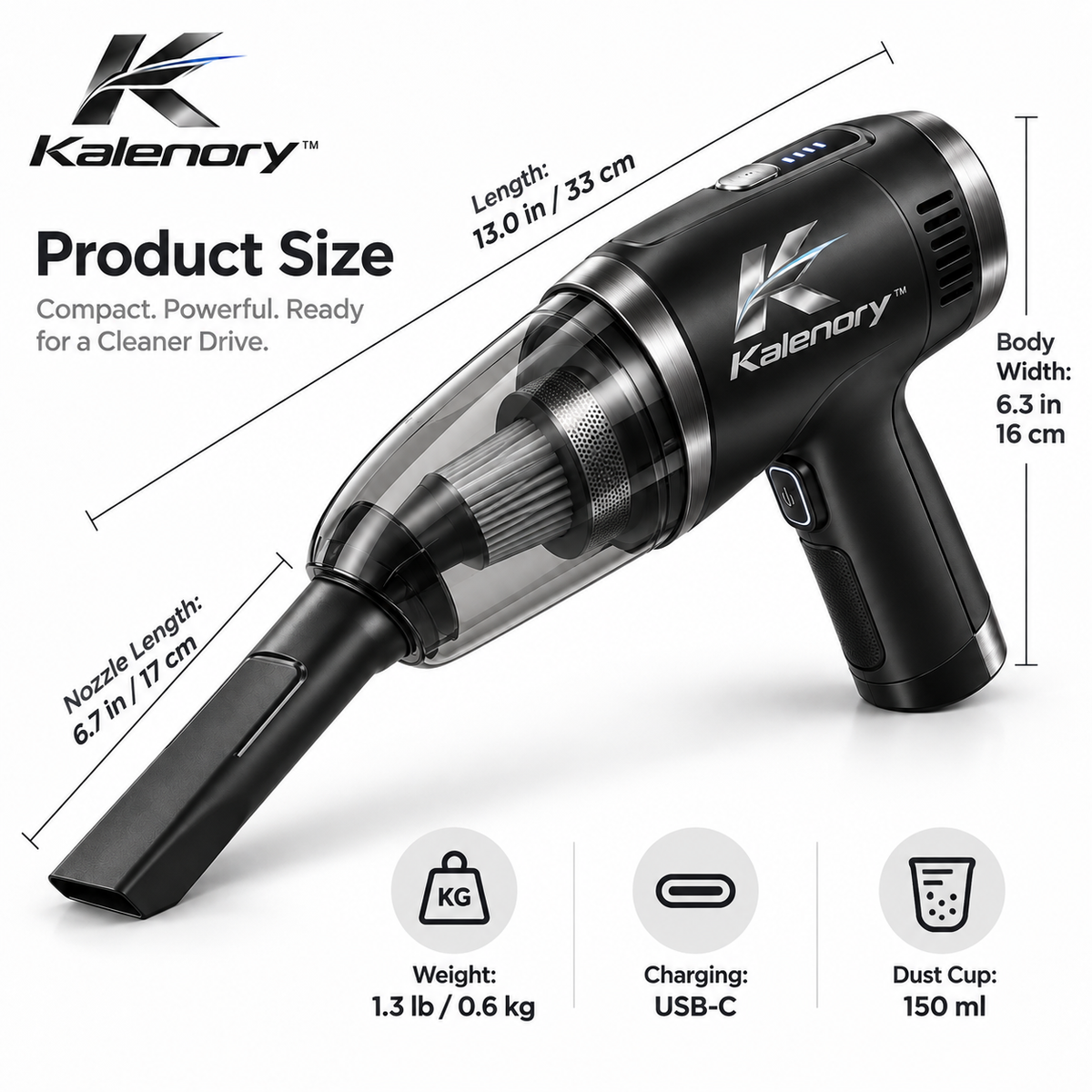 Kalenory™ Cordless Handheld Car Vacuum – Compact Rechargeable Auto Cleaner with Multi-Surface Attachments