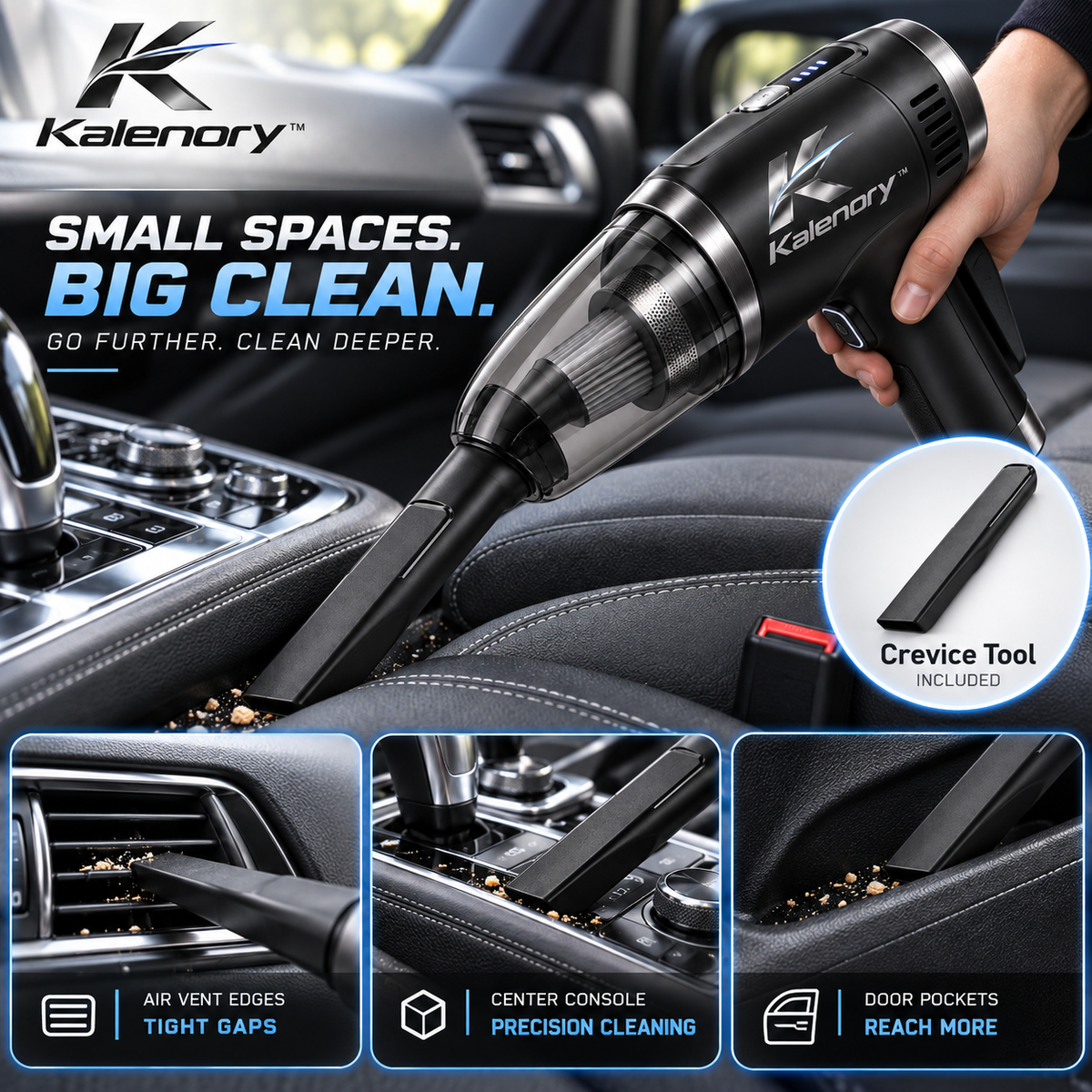 Kalenory™ Cordless Handheld Car Vacuum – Compact Rechargeable Auto Cleaner with Multi-Surface Attachments