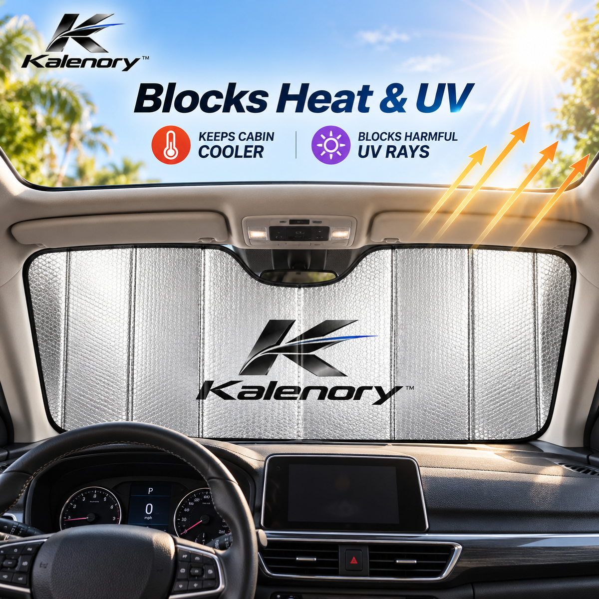 Kalenory™ Foldable Windshield Sun Shade – Reflective Car Heat Shield for Dashboard, Steering Wheel & Interior Protection
