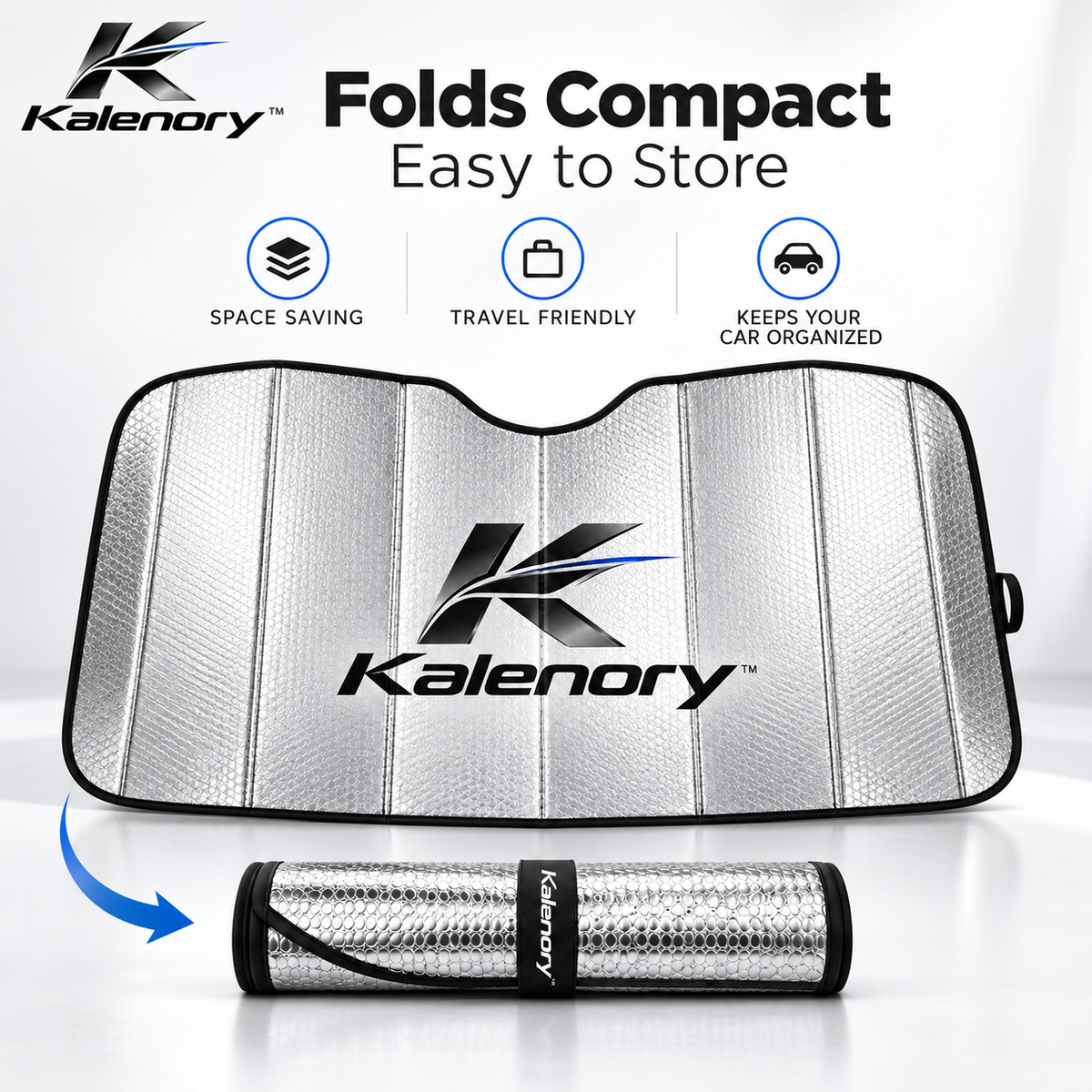 Kalenory™ Foldable Windshield Sun Shade – Reflective Car Heat Shield for Dashboard, Steering Wheel & Interior Protection