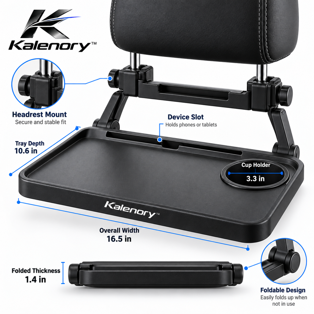 Kalenory™ Foldable Car Back Seat Tray – Multi-Function Travel Table with Cup Holder & Storage for Road Trips, Work & Family Travel