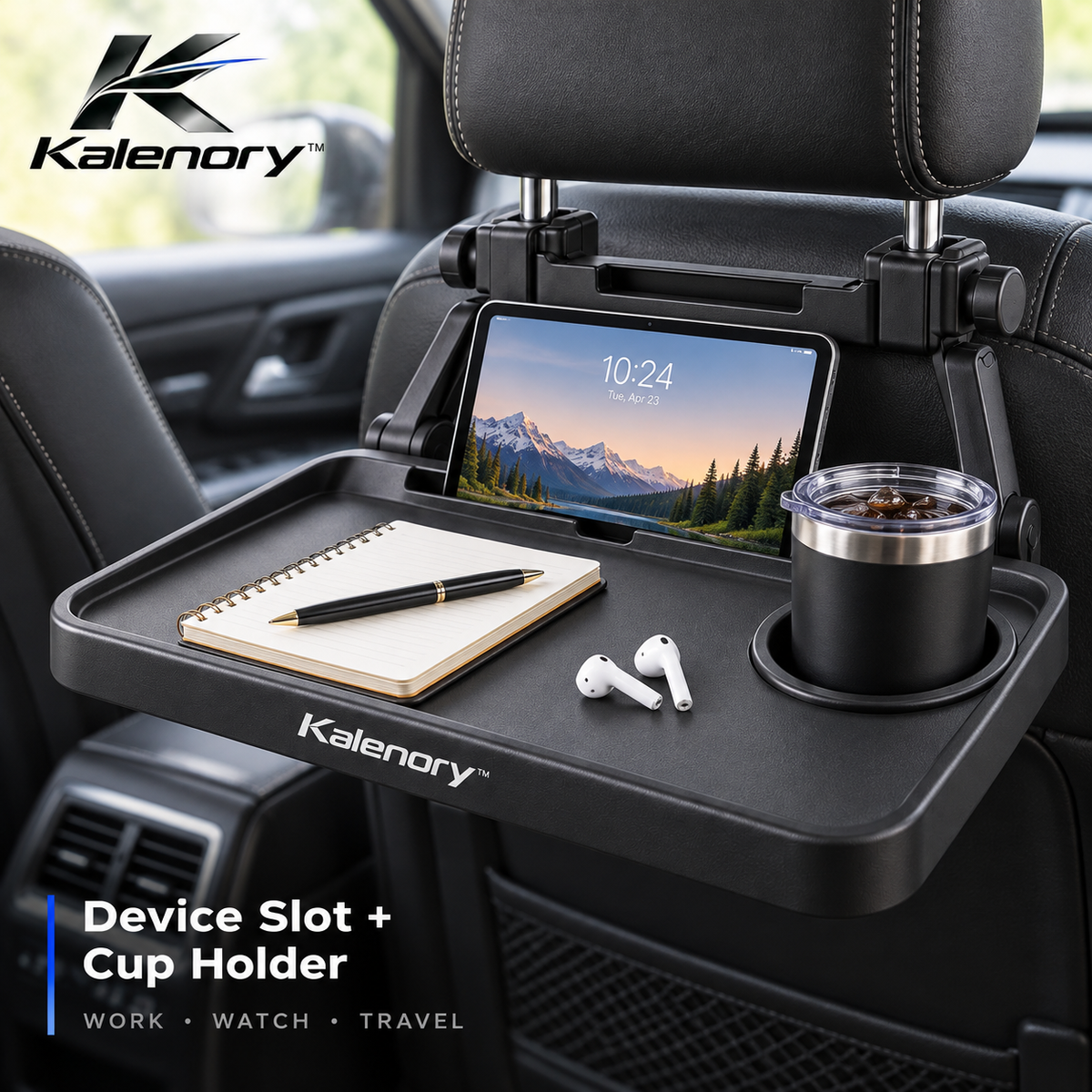 Kalenory™ Foldable Car Back Seat Tray – Multi-Function Travel Table with Cup Holder & Storage for Road Trips, Work & Family Travel