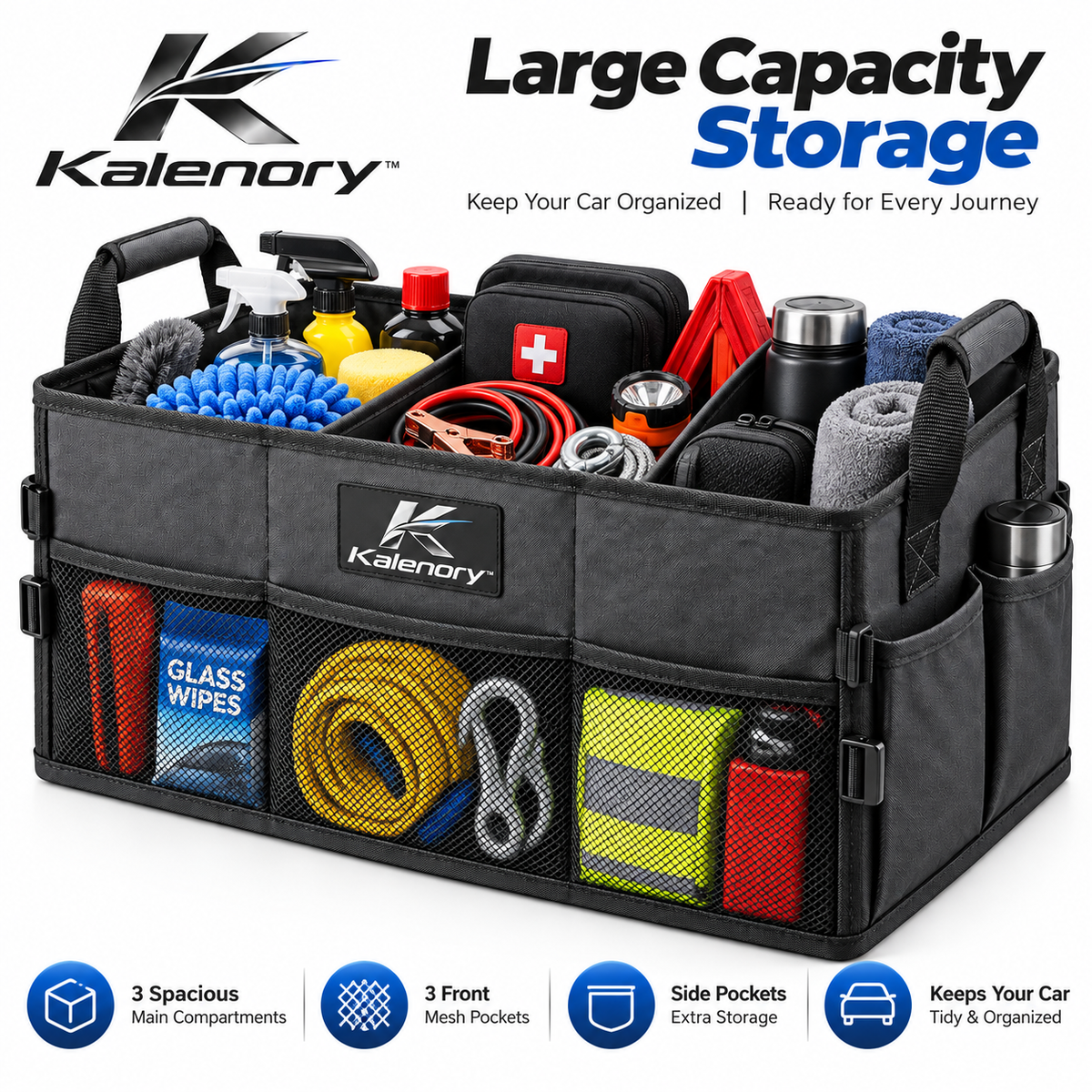 Kalenory™ Collapsible Car Trunk Organizer – Multi-Compartment Cargo Storage Box for Groceries, Travel Gear & Everyday Vehicle Essentials