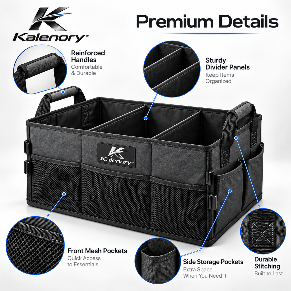 Kalenory™ Collapsible Car Trunk Organizer – Multi-Compartment Cargo Storage Box for Groceries, Travel Gear & Everyday Vehicle Essentials