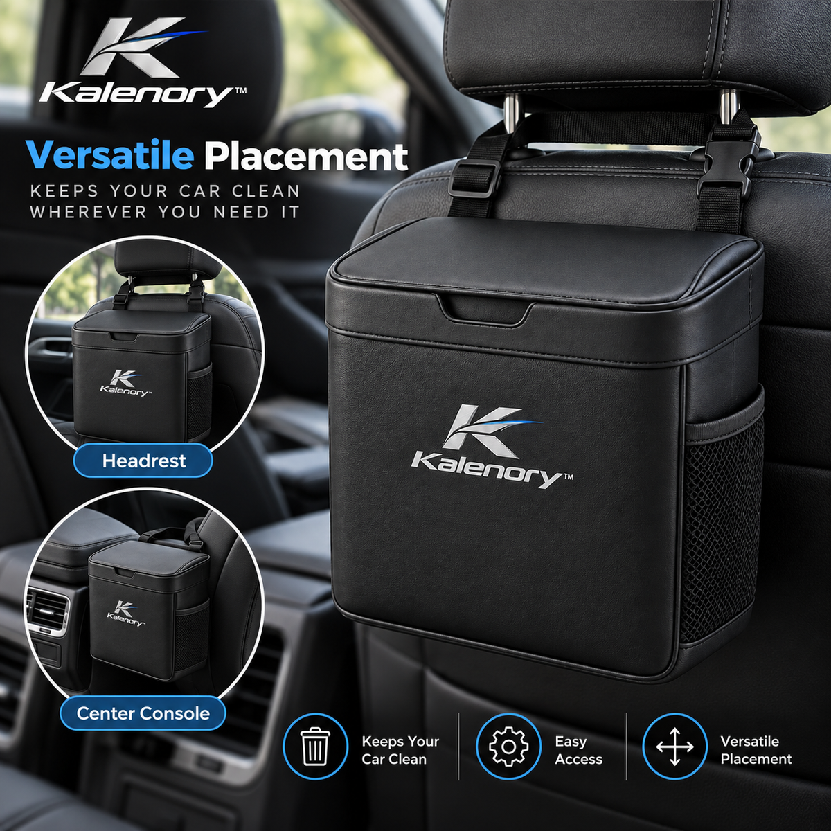 Kalenory™ Compact Car Trash Can with Lid – Leak-Resistant Vehicle Garbage Bin for Front Seat, Back Seat & Center Console
