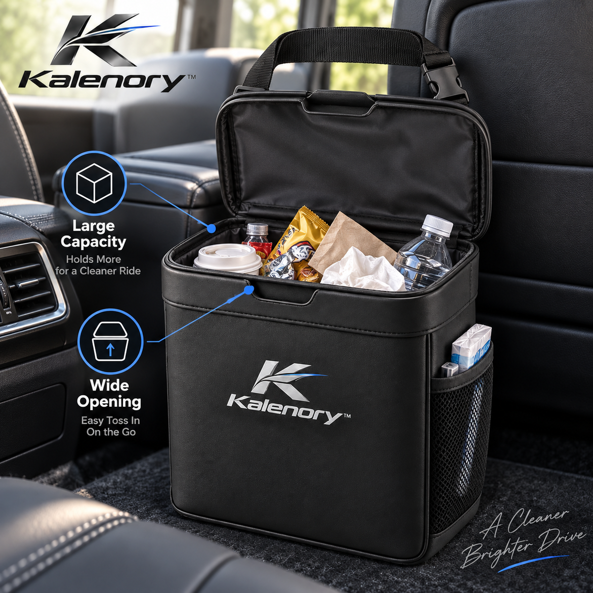 Kalenory™ Compact Car Trash Can with Lid – Leak-Resistant Vehicle Garbage Bin for Front Seat, Back Seat & Center Console