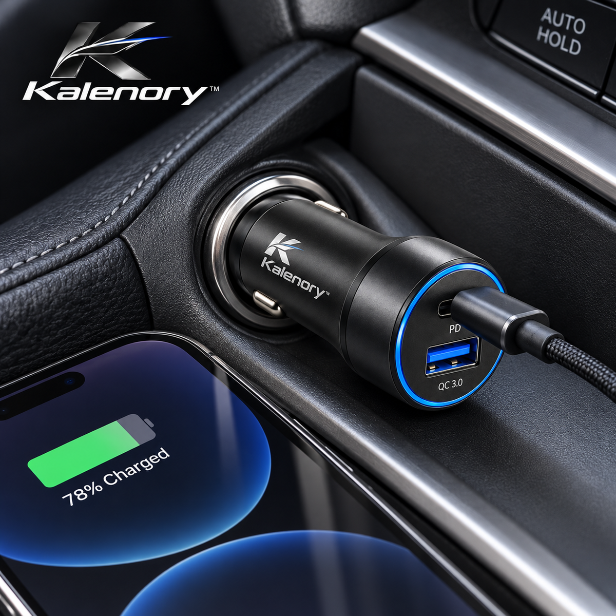 Kalenory™ Dual-Port Fast Car Charger – Compact 48W Vehicle Charging Adapter with Type-C & USB-A Ports