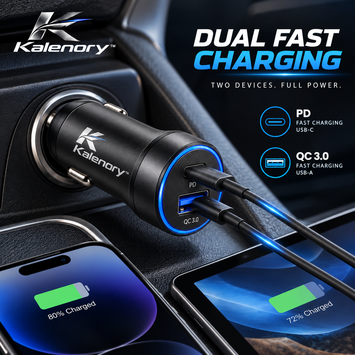 Kalenory™ Dual-Port Fast Car Charger – Compact 48W Vehicle Charging Adapter with Type-C & USB-A Ports