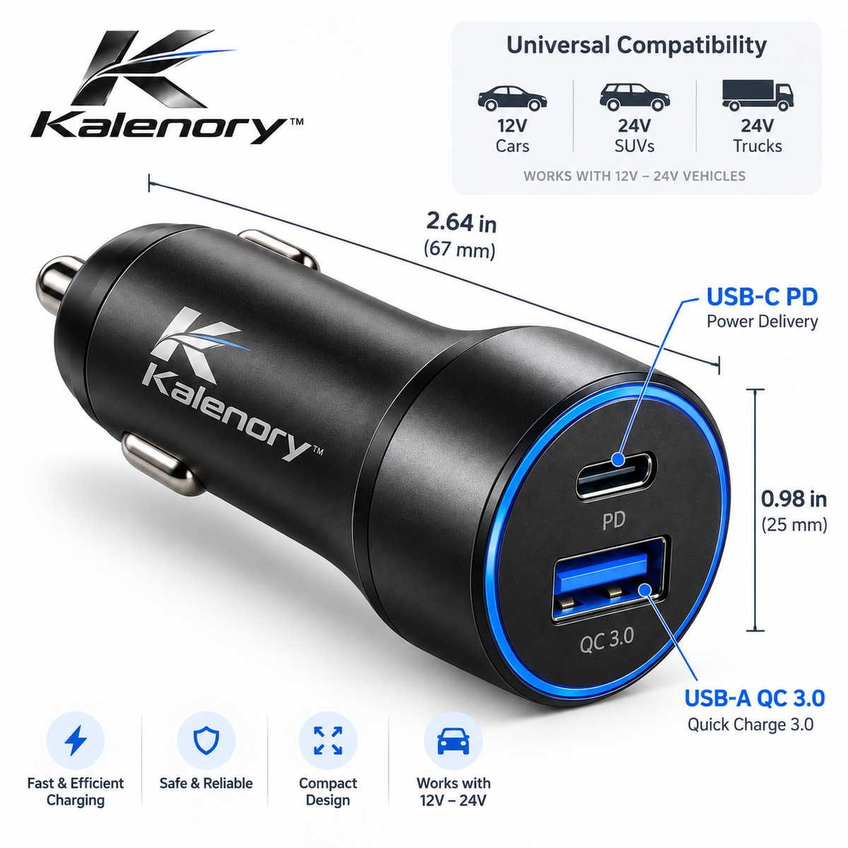 Kalenory™ Dual-Port Fast Car Charger – Compact 48W Vehicle Charging Adapter with Type-C & USB-A Ports