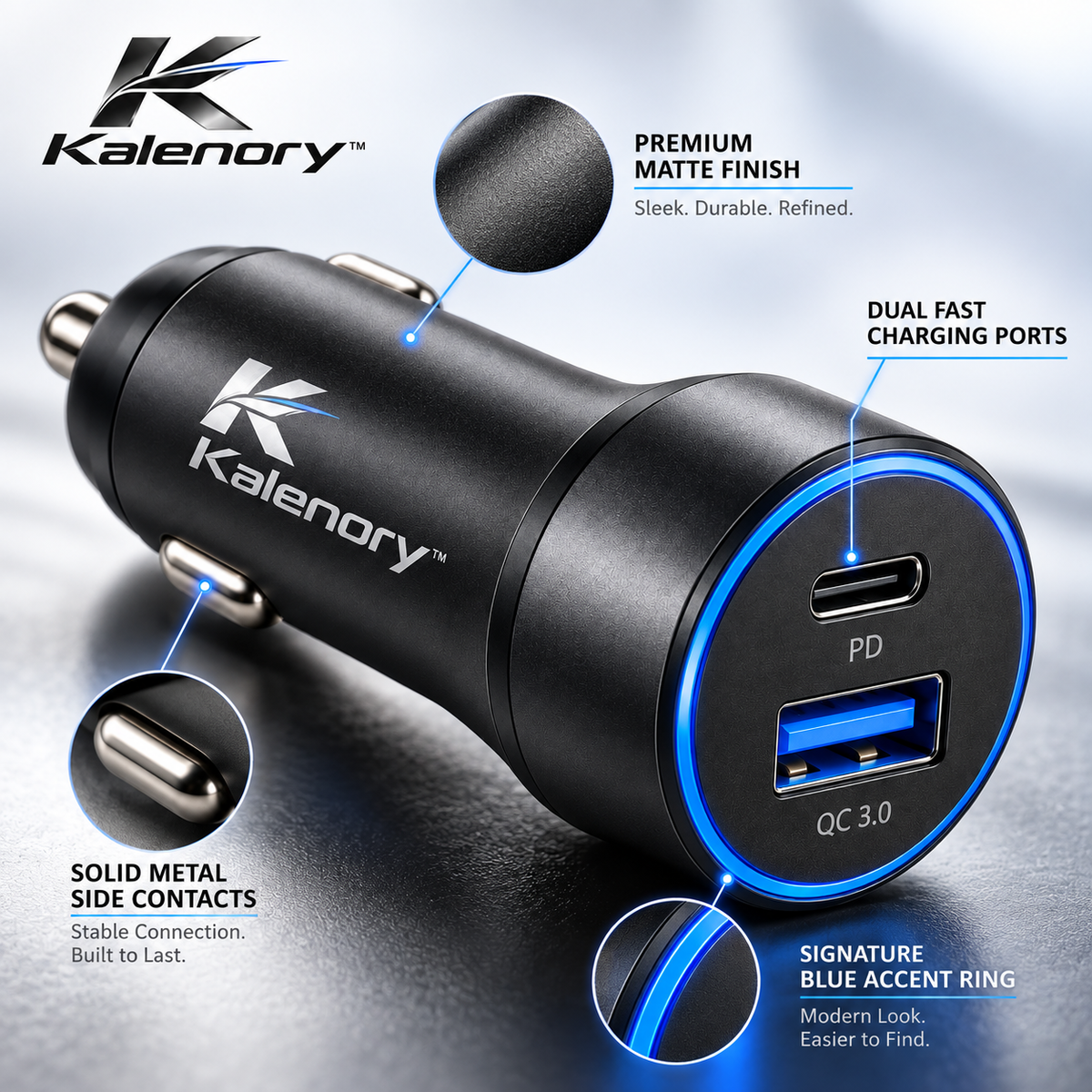 Kalenory™ Dual-Port Fast Car Charger – Compact 48W Vehicle Charging Adapter with Type-C & USB-A Ports
