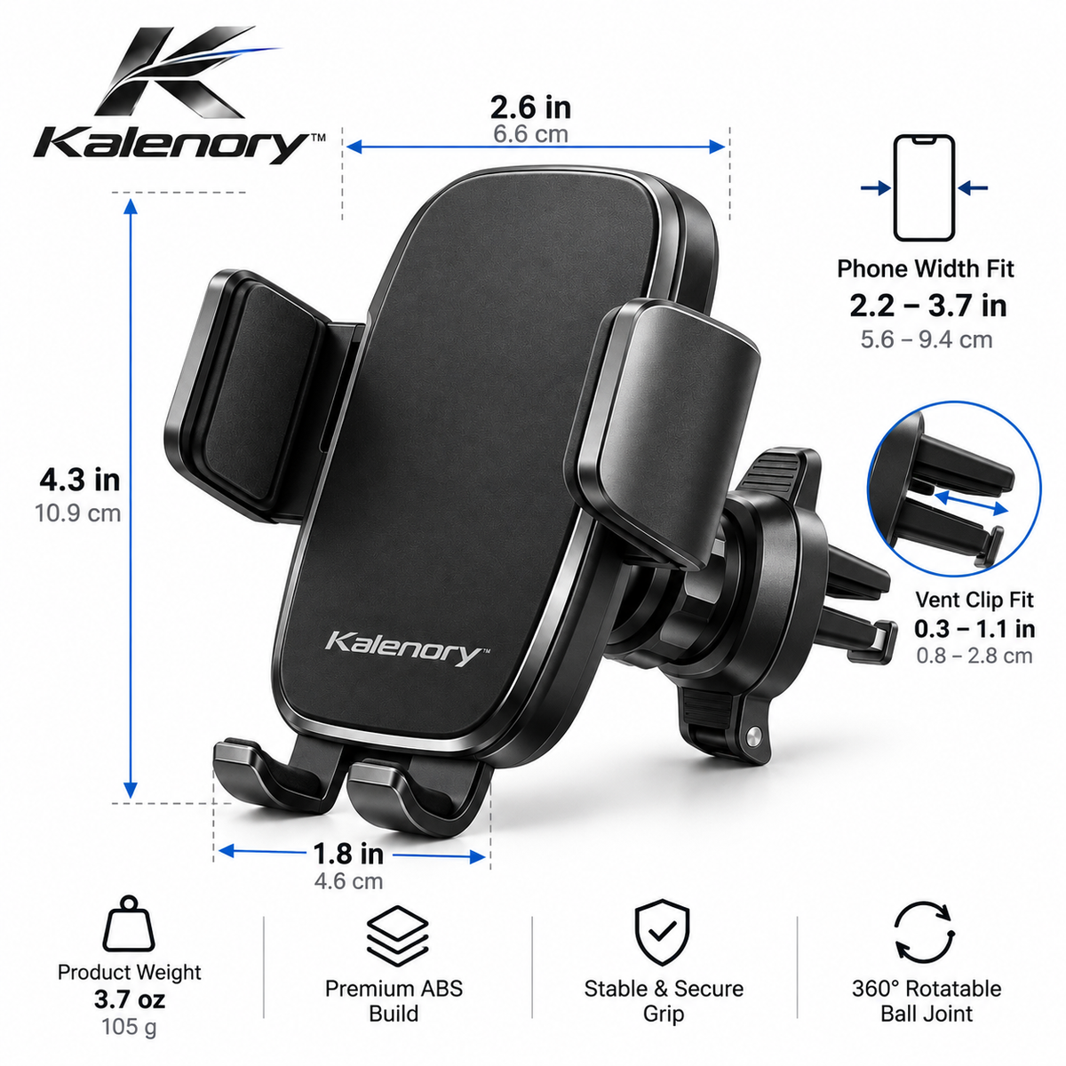 Kalenory™ 360° Adjustable Car Phone Mount – Extendable Dashboard & Windshield Holder for Hands-Free Driving