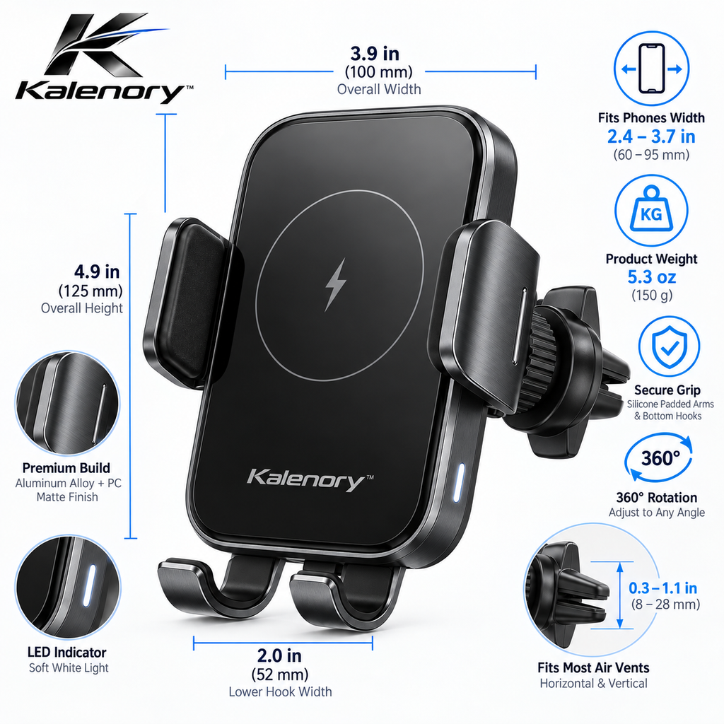 Kalenory™ Auto-Clamping Wireless Car Charging Mount – 15W Fast-Charge Phone Holder with 360° Adjustable Viewing