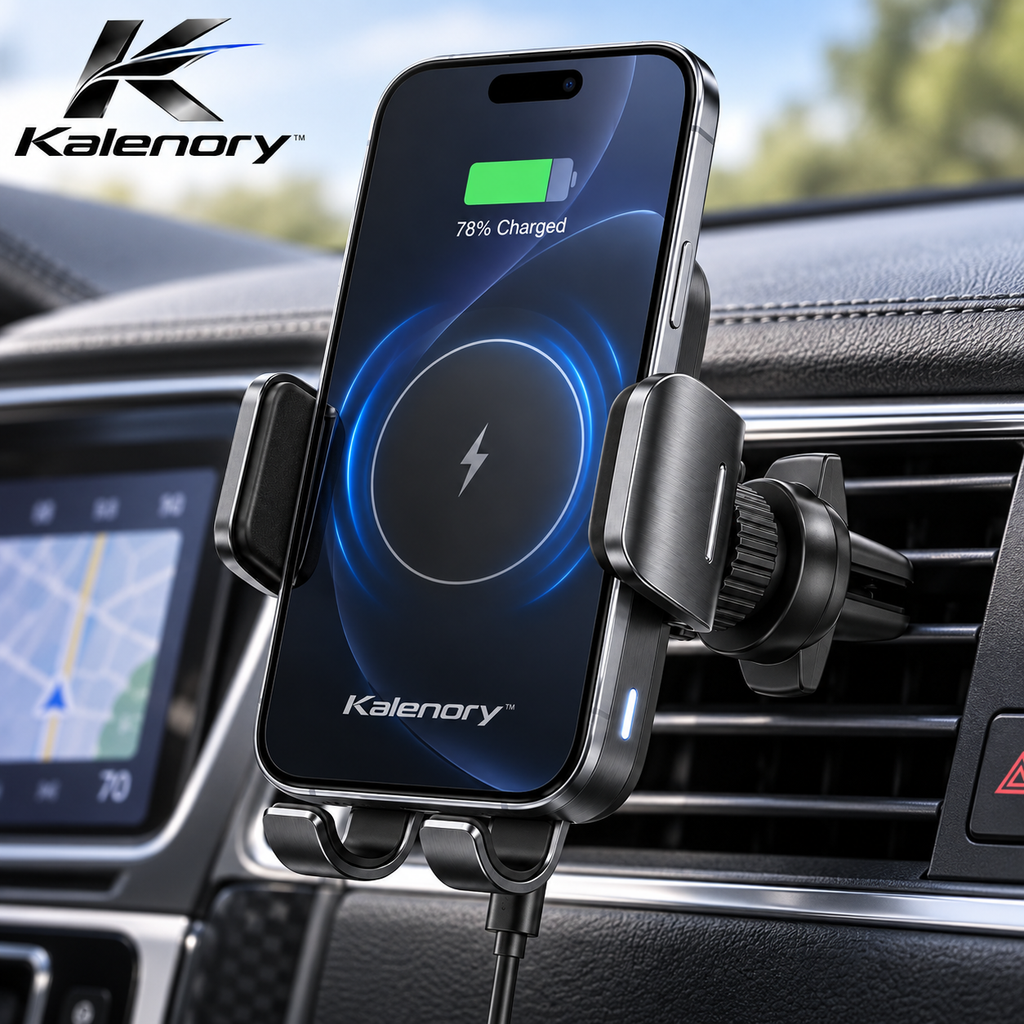 Kalenory™ Auto-Clamping Wireless Car Charging Mount – 15W Fast-Charge Phone Holder with 360° Adjustable Viewing
