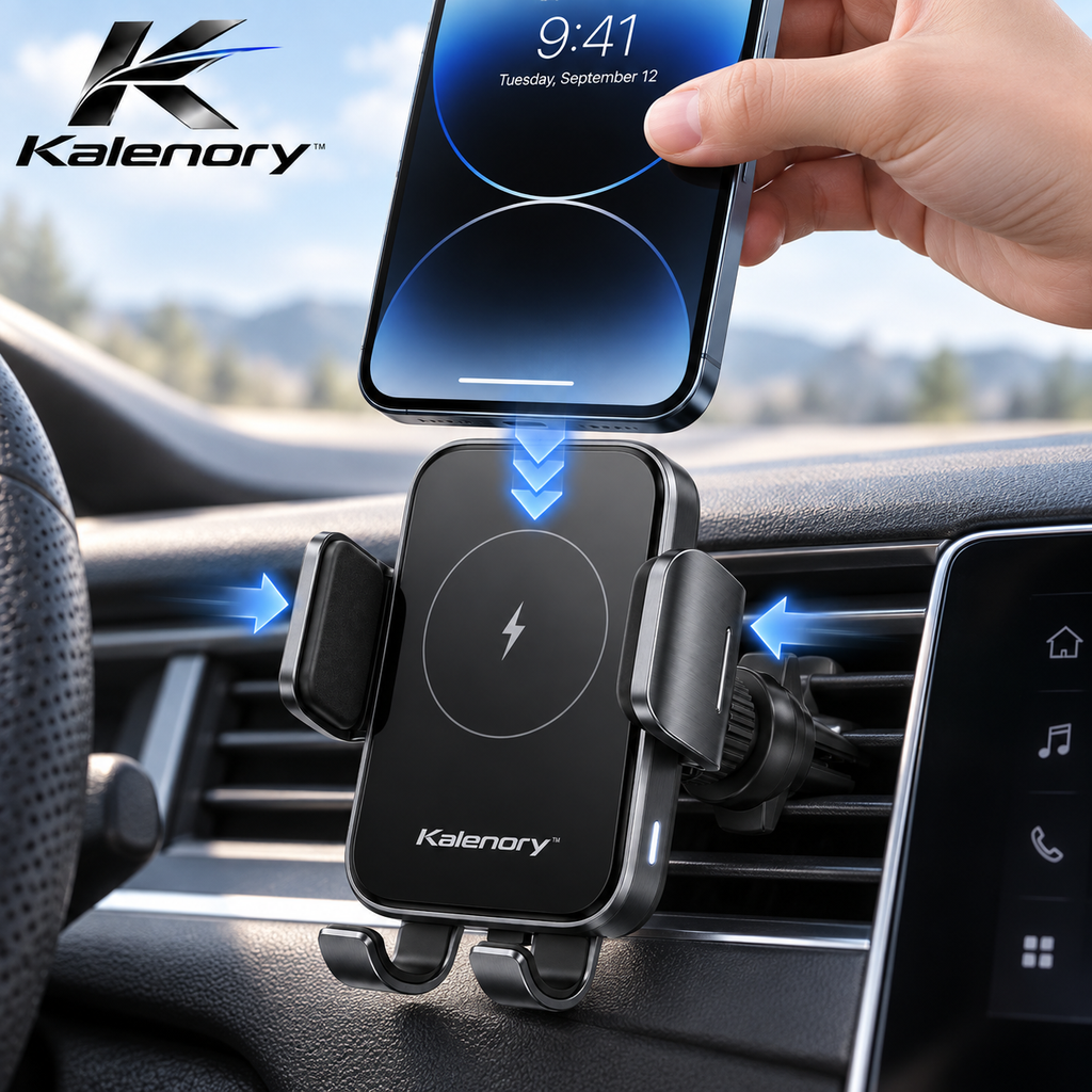 Kalenory™ Auto-Clamping Wireless Car Charging Mount – 15W Fast-Charge Phone Holder with 360° Adjustable Viewing