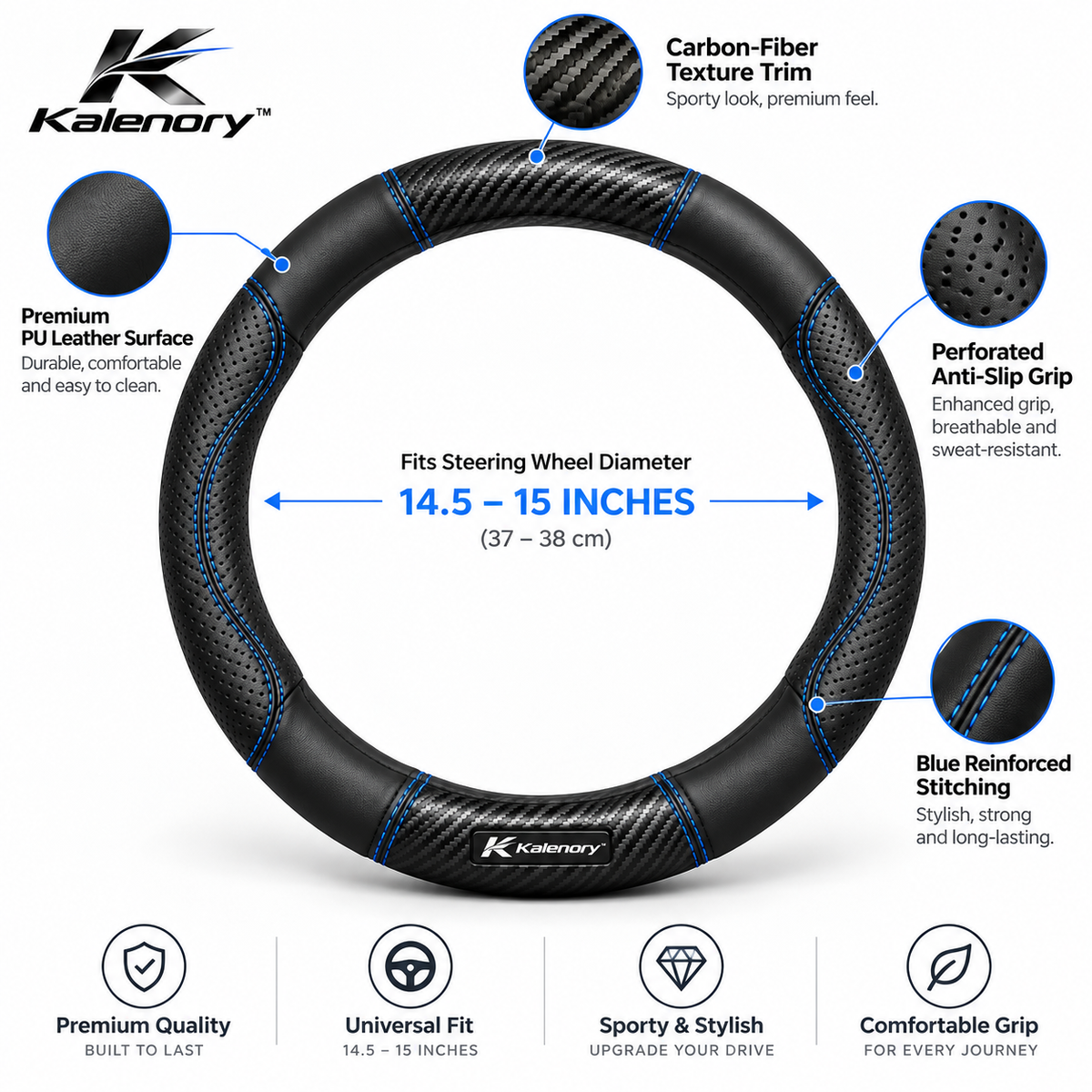 Kalenory™ Comfort-Grip Steering Wheel Cover – Non-Slip All-Season Protective Wrap for Cars, SUVs & Daily Driving